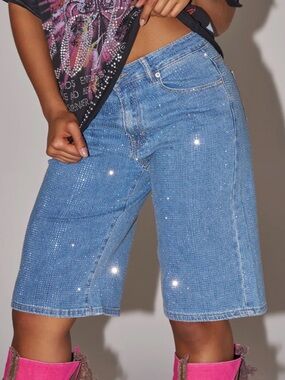 AKIRA BLING BLING RHINESTONE DARK BLUE DENIM BERMUDA SHORT Size MM